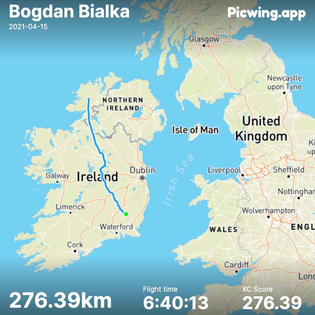 An image of the UK overlaid with a flight track across Ireland and some data about the distance, score and time of the flight