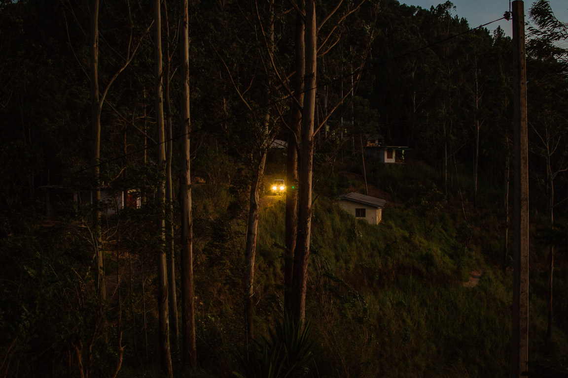 A Car going along a road in the forest at night