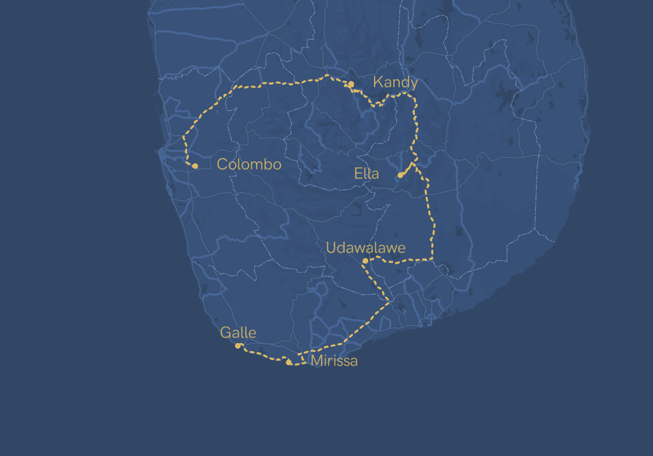 Map of the route in Sri Lanka. Colombo is connected to Kandy, then Ella, then Udawalawe, then Mirissa then finally to Galle.